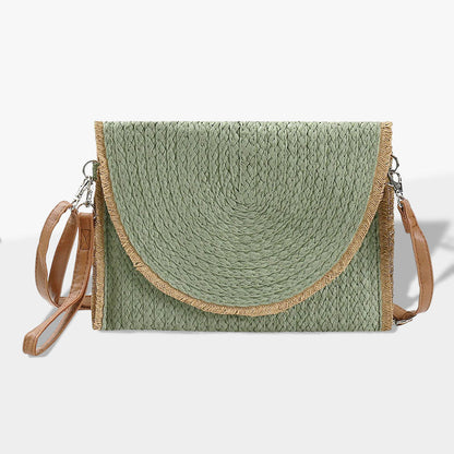 Madeline Love Olive Green Frayed Trip Two Tone Straw Clutch / Crossbody Bag - Bags & Wallets