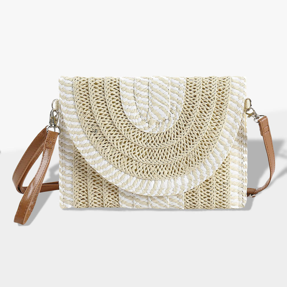 Madeline Love Beige Mixed Striped Straw Clutch / Crossbody Bag - Bags & Wallets