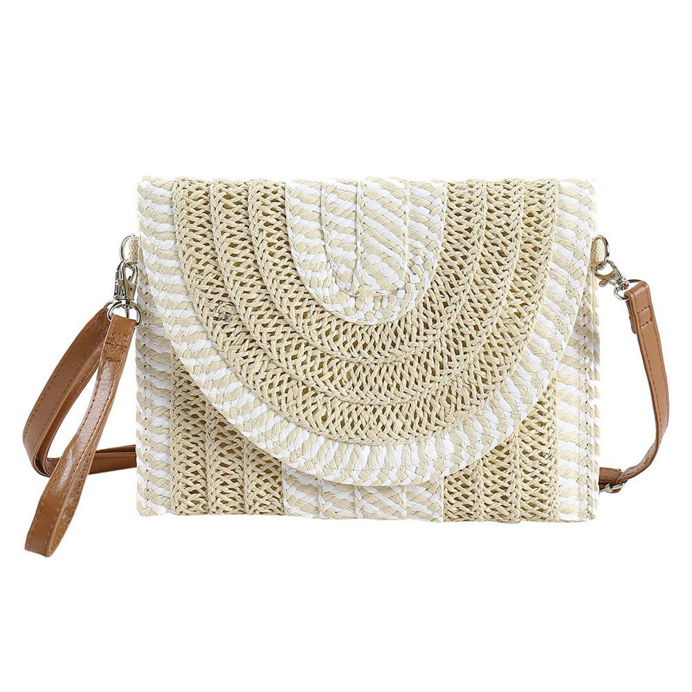 Madeline Love Beige Mixed Striped Straw Clutch / Crossbody Bag - Bags & Wallets - desc