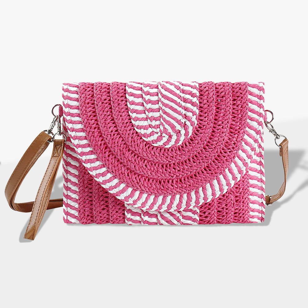 Madeline Love Pink Mixed Striped Straw Clutch / Crossbody Bag - Bags & Wallets
