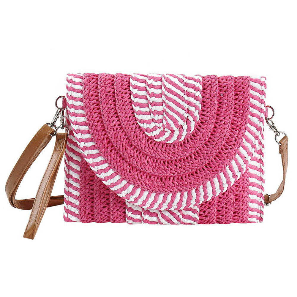 Madeline Love Pink Mixed Striped Straw Clutch / Crossbody Bag - Bags & Wallets - desc