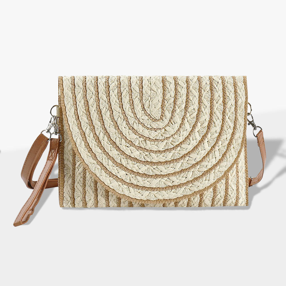 Madeline Love Beige Color Striped Two Tone Straw Clutch / Crossbody Bag - Bags & Wallets