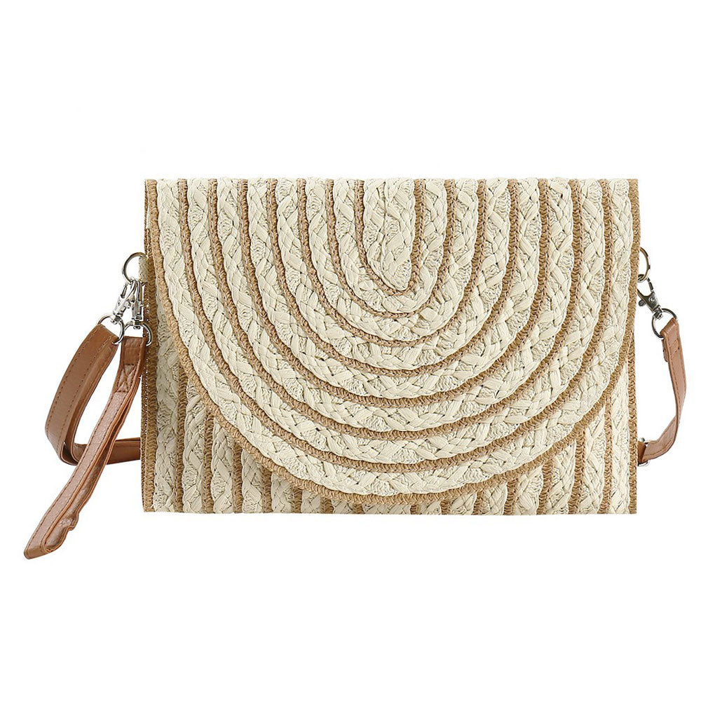 Madeline Love Beige Color Striped Two Tone Straw Clutch / Crossbody Bag - Bags & Wallets - desc