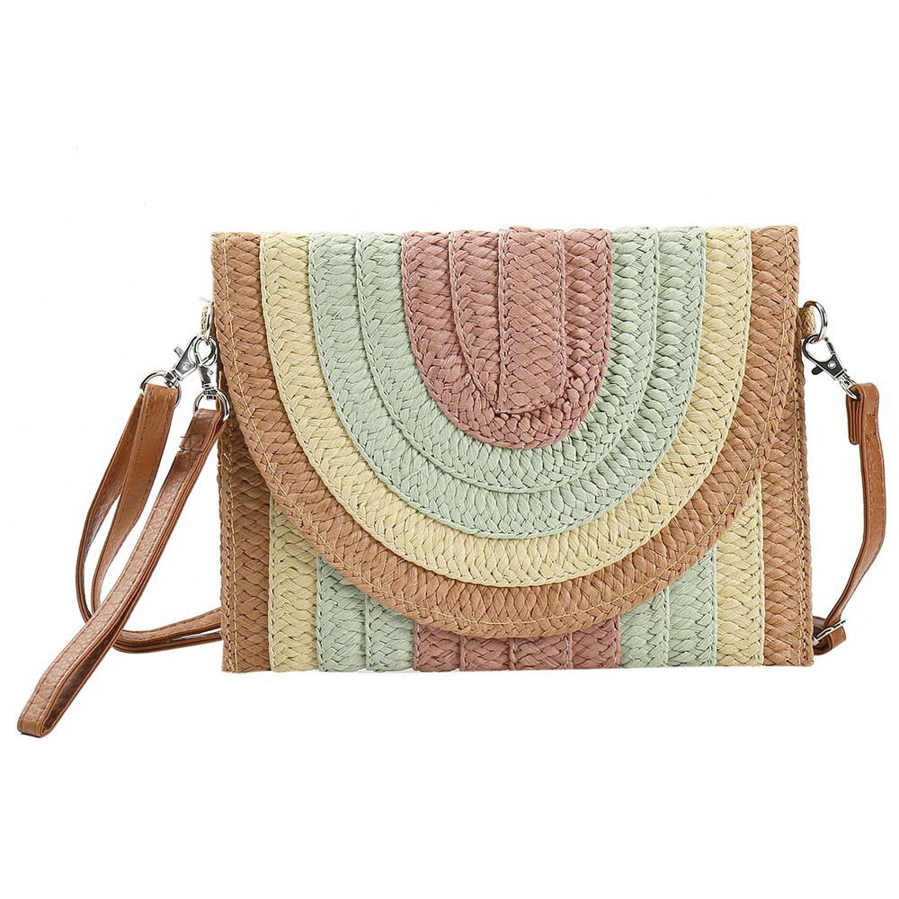 Madeline Love Dust Pink Multi Colored Striped Straw Clutch / Crossbody Bag - Bags & Wallets - desc