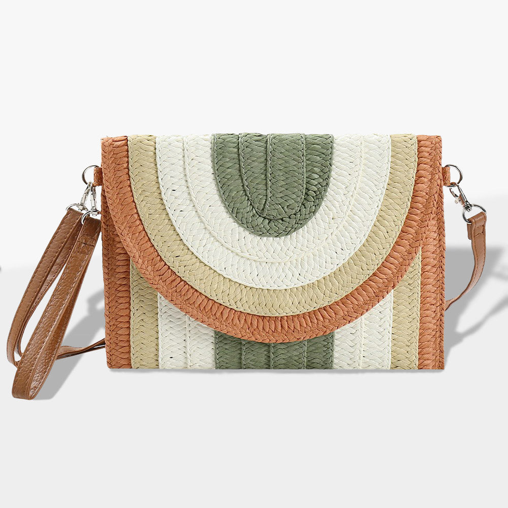 Madeline Love Olive Green Multi Colored Striped Straw Clutch / Crossbody Bag - Bags & Wallets