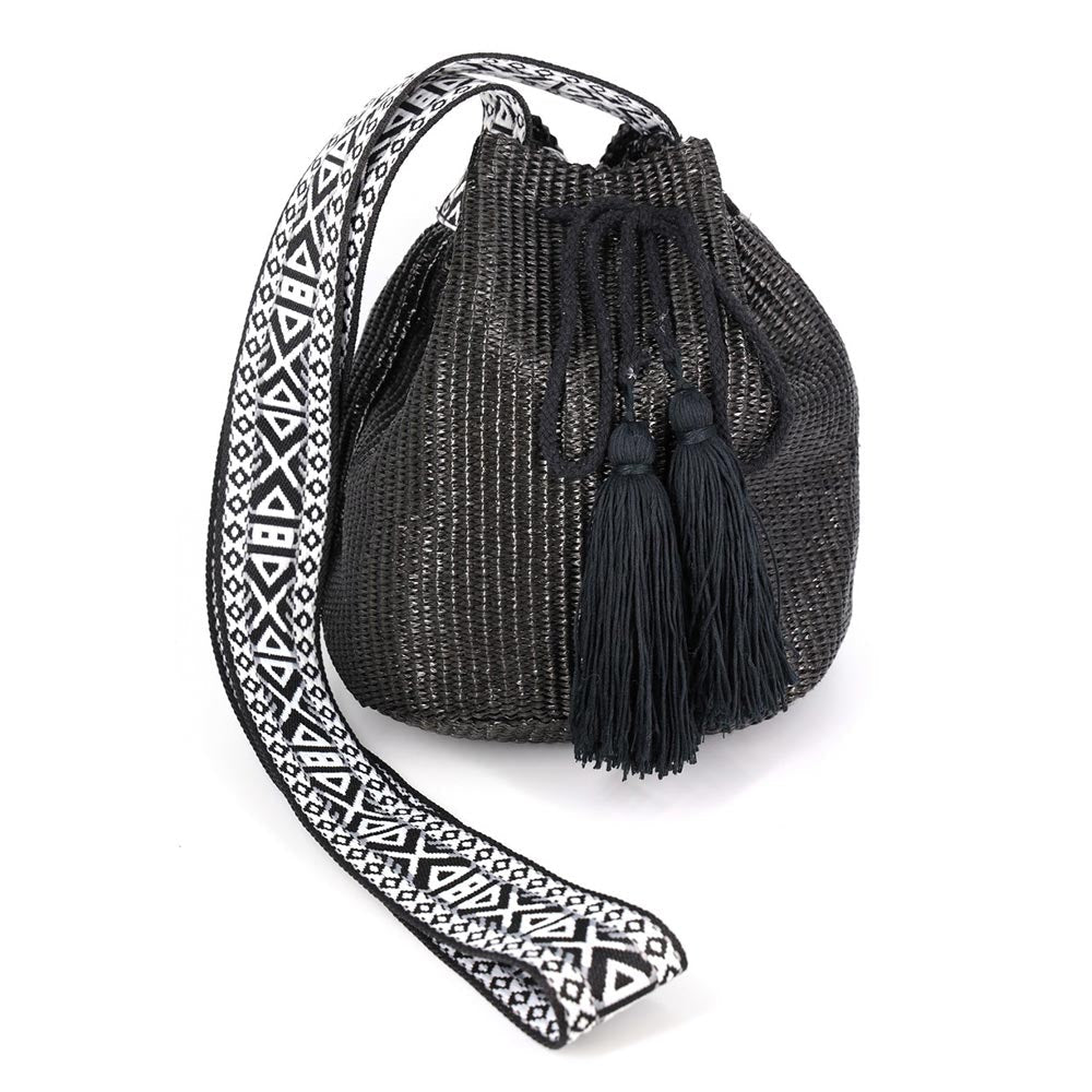 Madeline Love Black Solid Bucket Bag With Aztec Strap - Bags & Wallets - desc