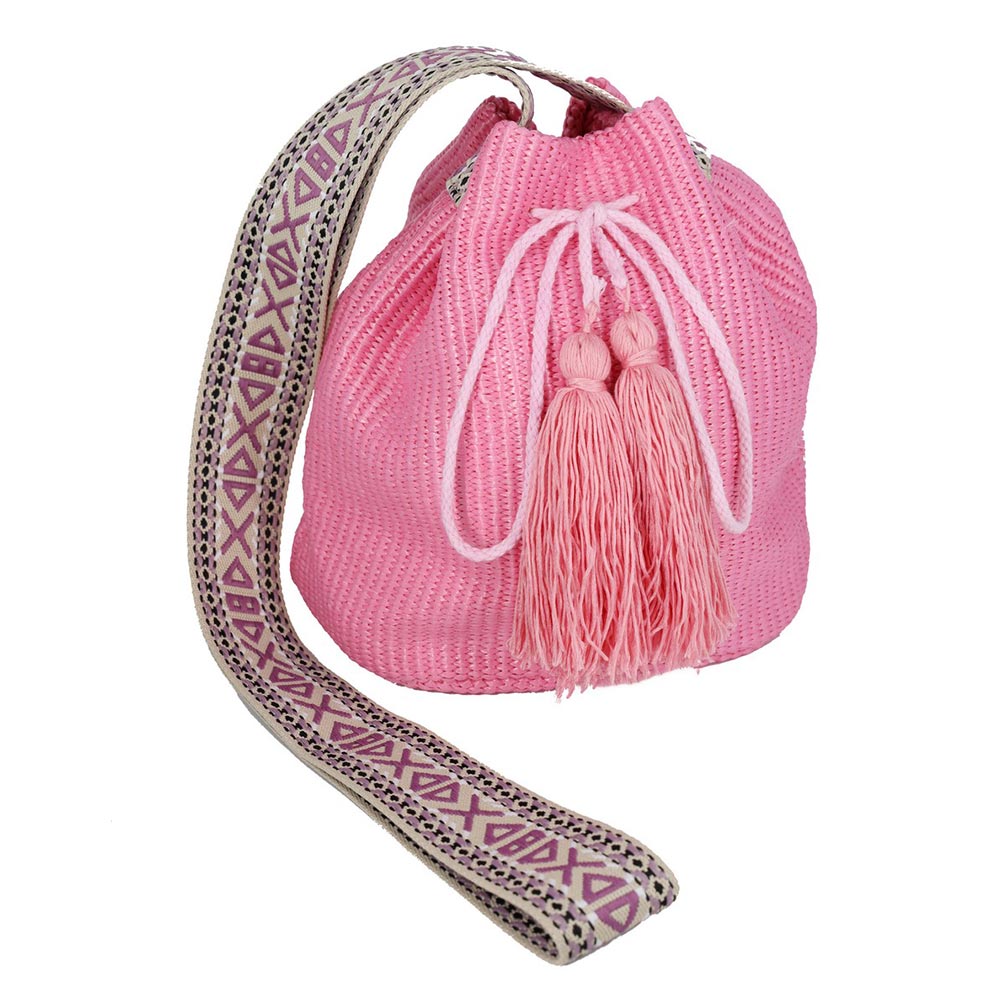 Madeline Love Pink Solid Bucket Bag With Aztec Strap - Bags & Wallets - desc