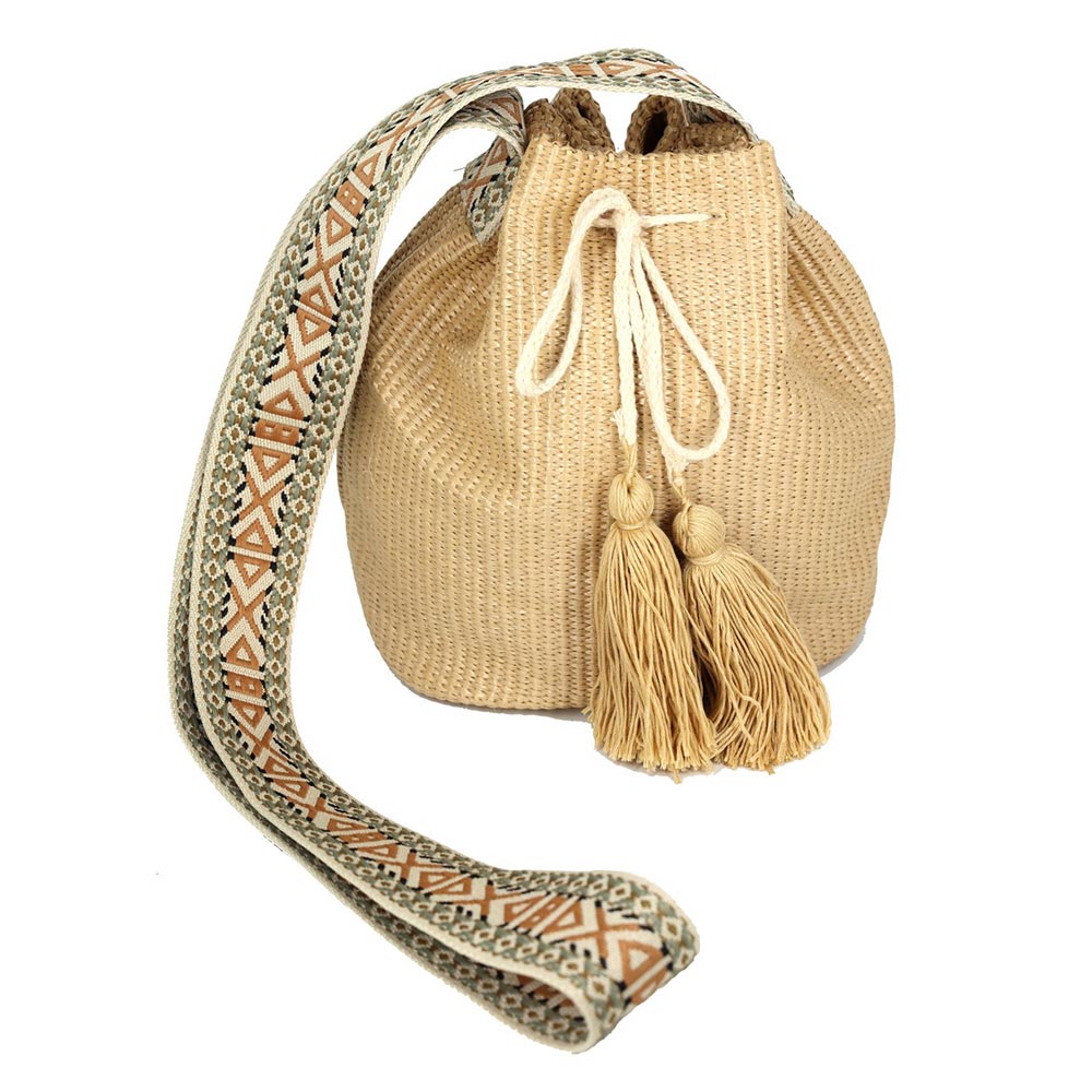 Madeline Love Taupe Solid Bucket Bag With Aztec Strap - Bags & Wallets - desc