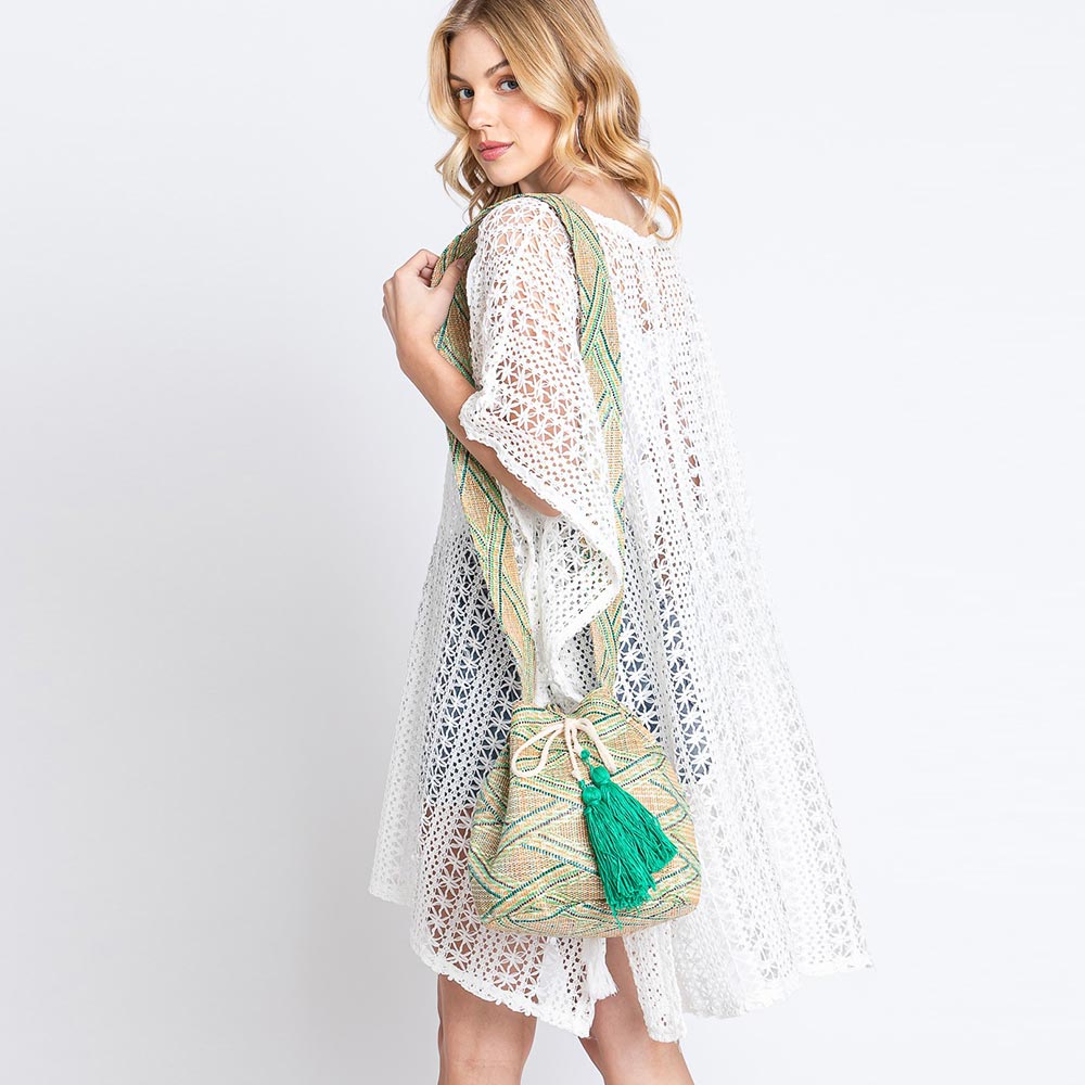 Madeline Love Green Solid Bucket Bag With Aztec Strap - Bags & Wallets