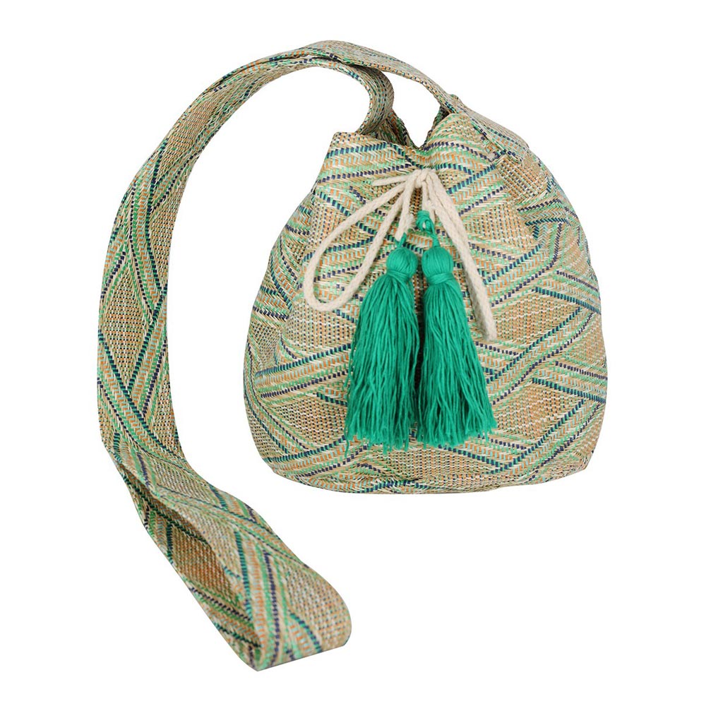 Madeline Love Green Solid Bucket Bag With Aztec Strap - Bags & Wallets - desc