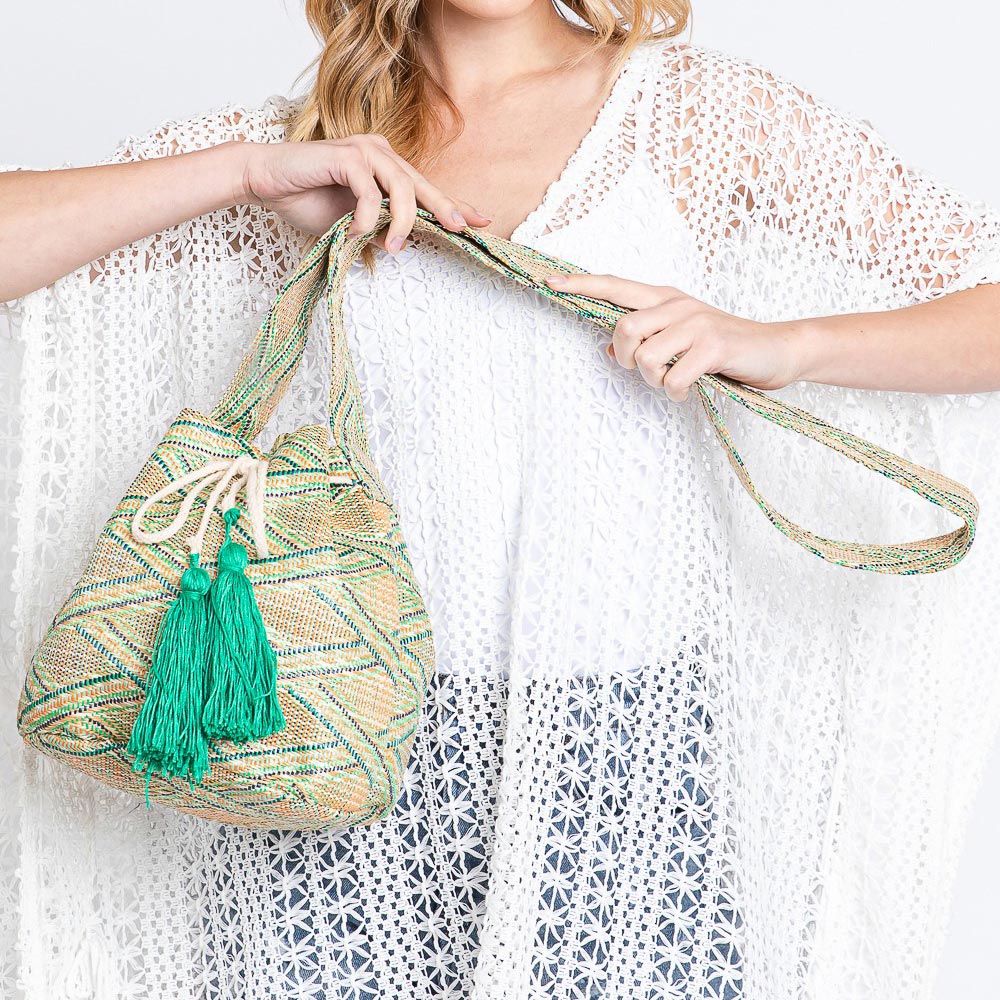 Madeline Love Green Solid Bucket Bag With Aztec Strap - Bags & Wallets - extra