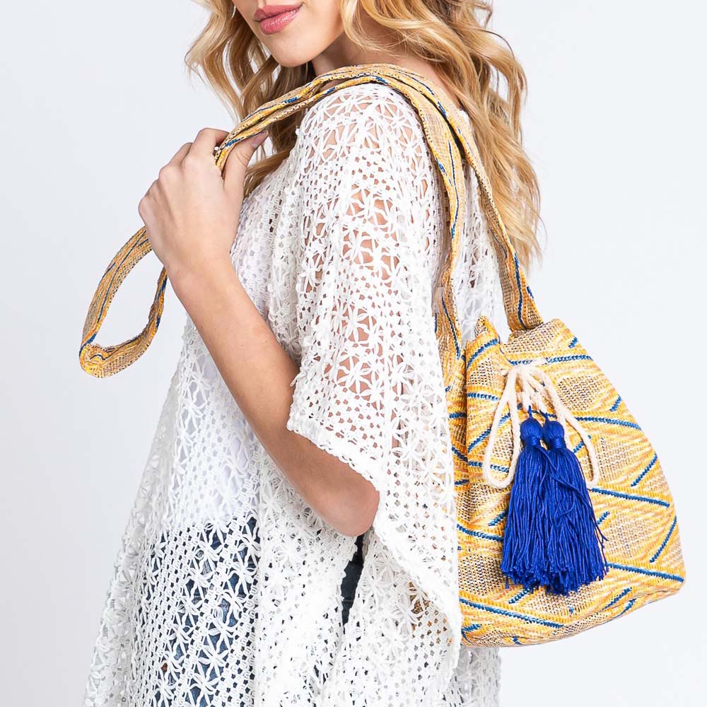 Madeline Love Mustard Solid Bucket Bag With Aztec Strap - Bags & Wallets - extra
