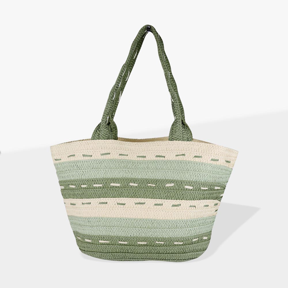 Madeline Love Olive Green Striped Pattern Dotted line Detail Straw Bag - Bags & Wallets