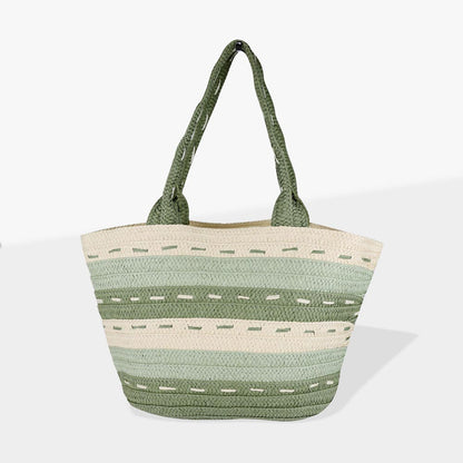 Madeline Love Olive Green Striped Pattern Dotted line Detail Straw Bag - Bags & Wallets