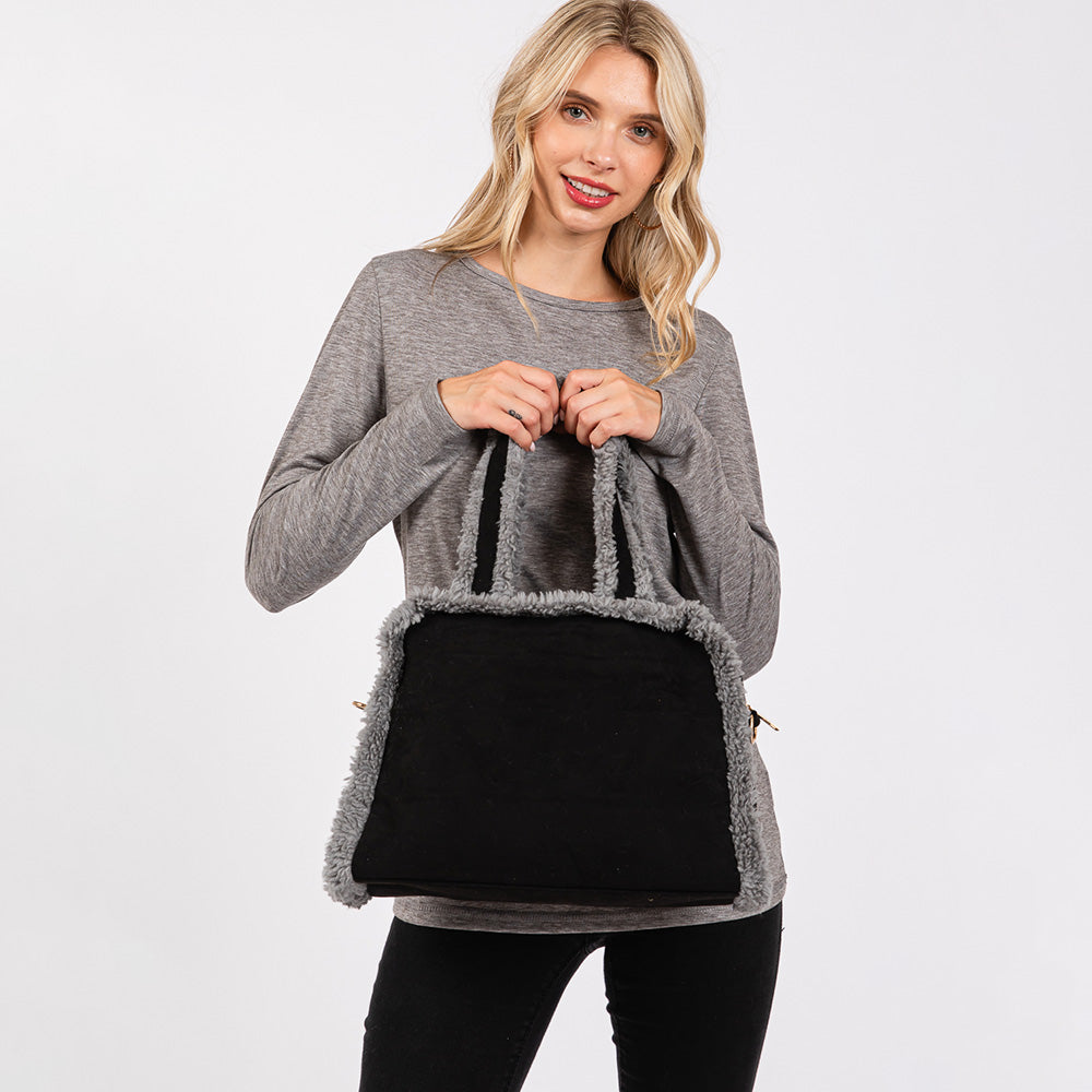 Madeline Love Black Fleece Trimmed Solid Tote / Crossbody Bag With Adjustable Strap - Bags & Wallets