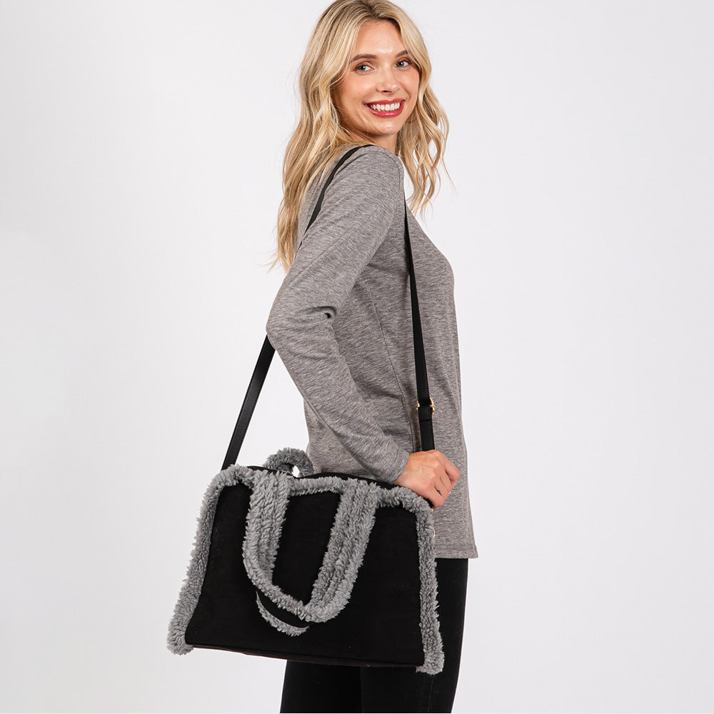 Madeline Love Black Fleece Trimmed Solid Tote / Crossbody Bag With Adjustable Strap - Bags & Wallets - extra