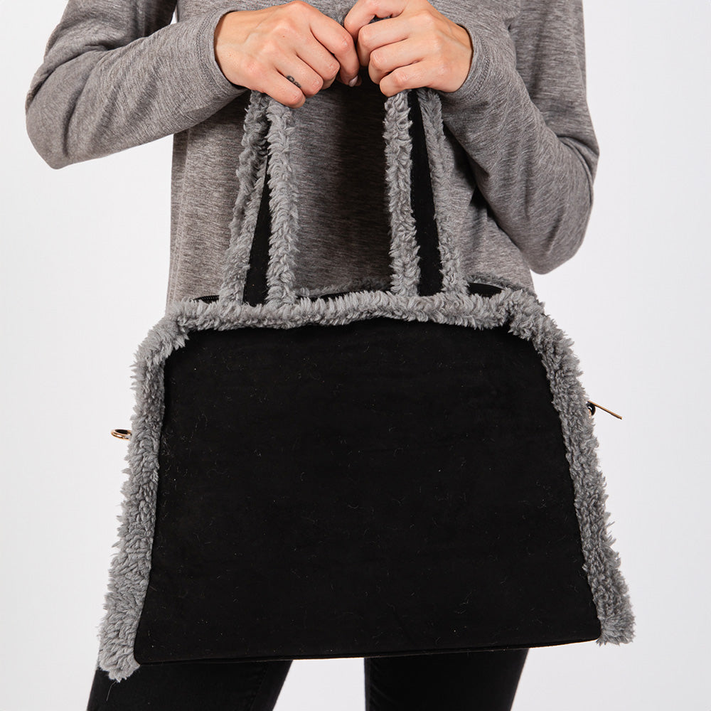 Madeline Love Black Fleece Trimmed Solid Tote / Crossbody Bag With Adjustable Strap - Bags & Wallets - extra