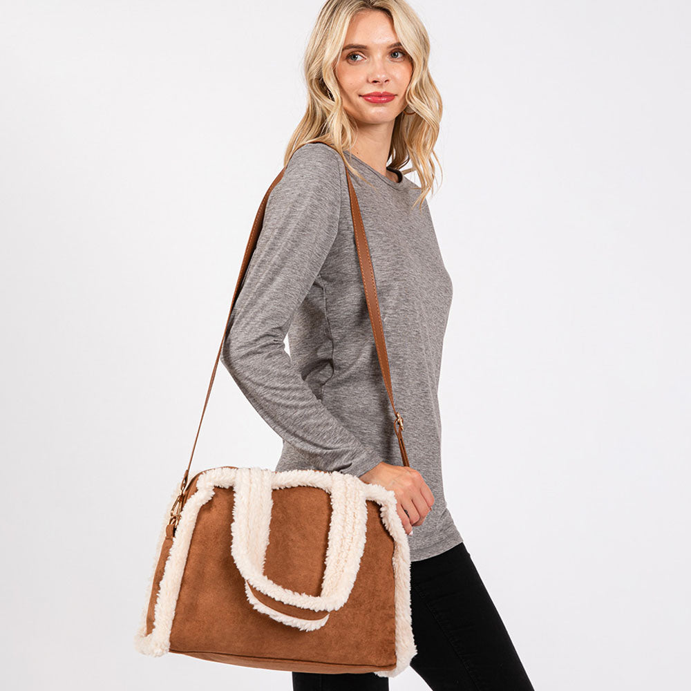 Madeline Love Brown Fleece Trimmed Solid Tote / Crossbody Bag With Adjustable Strap - Bags & Wallets