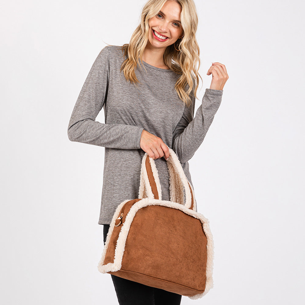 Madeline Love Brown Fleece Trimmed Solid Tote / Crossbody Bag With Adjustable Strap - Bags & Wallets - desc
