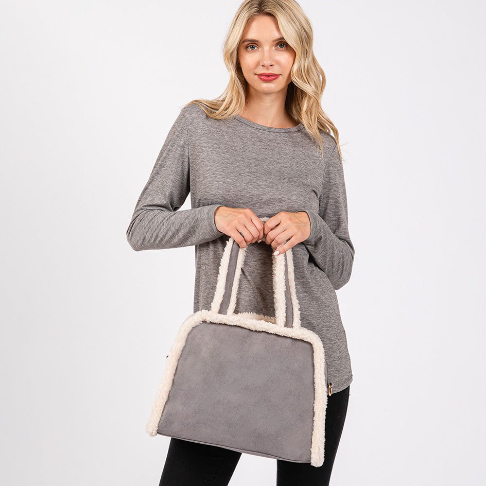 Madeline Love Gray Fleece Trimmed Solid Tote / Crossbody Bag With Adjustable Strap - Bags & Wallets