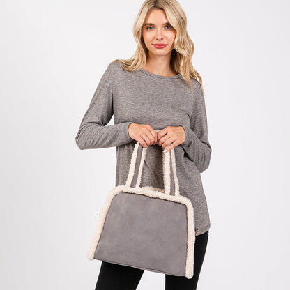 Madeline Love Gray Fleece Trimmed Solid Tote / Crossbody Bag With Adjustable Strap - Bags & Wallets
