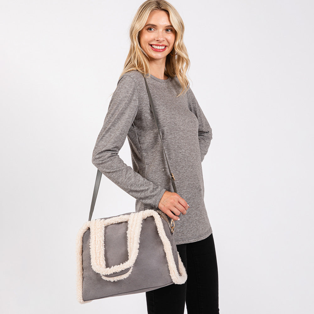 Madeline Love Gray Fleece Trimmed Solid Tote / Crossbody Bag With Adjustable Strap - Bags & Wallets - desc