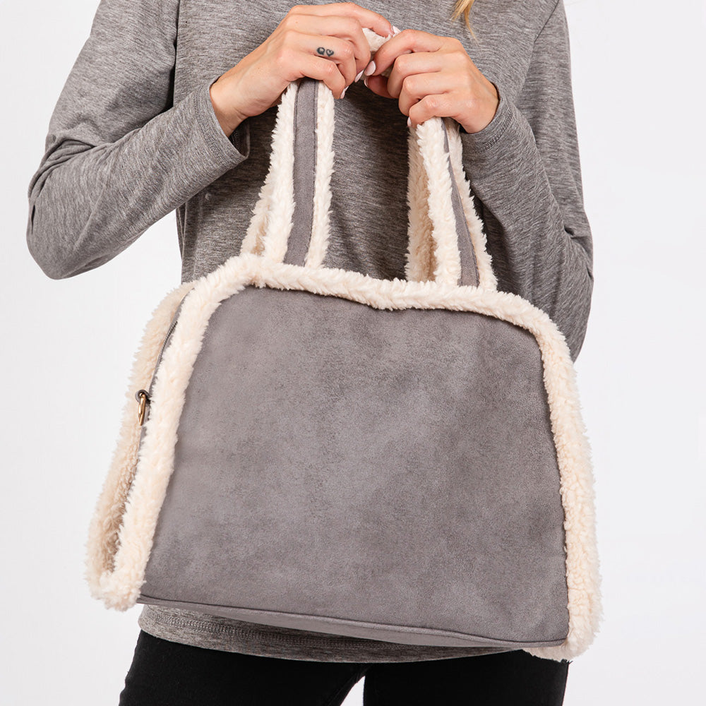 Madeline Love Gray Fleece Trimmed Solid Tote / Crossbody Bag With Adjustable Strap - Bags & Wallets - extra