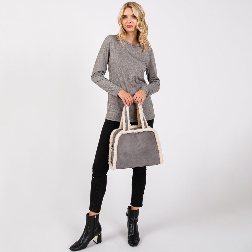 Madeline Love Gray Fleece Trimmed Solid Tote / Crossbody Bag With Adjustable Strap - Bags & Wallets - extra