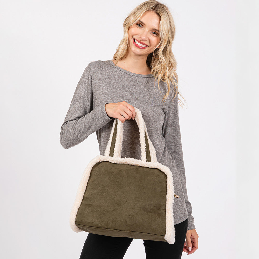 Madeline Love Olive Green Fleece Trimmed Solid Tote / Crossbody Bag With Adjustable Strap - Bags & Wallets