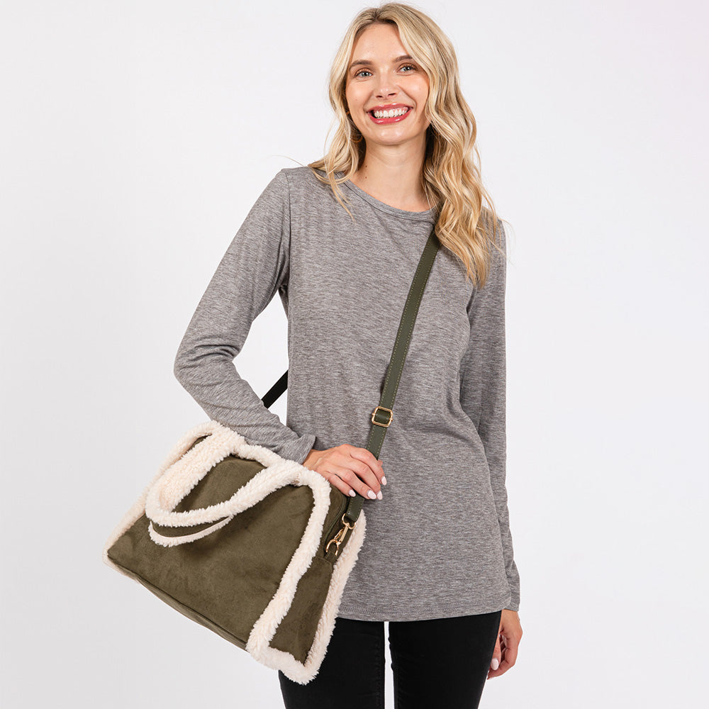Madeline Love Olive Green Fleece Trimmed Solid Tote / Crossbody Bag With Adjustable Strap - Bags & Wallets - desc