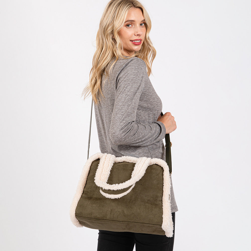 Madeline Love Olive Green Fleece Trimmed Solid Tote / Crossbody Bag With Adjustable Strap - Bags & Wallets - extra