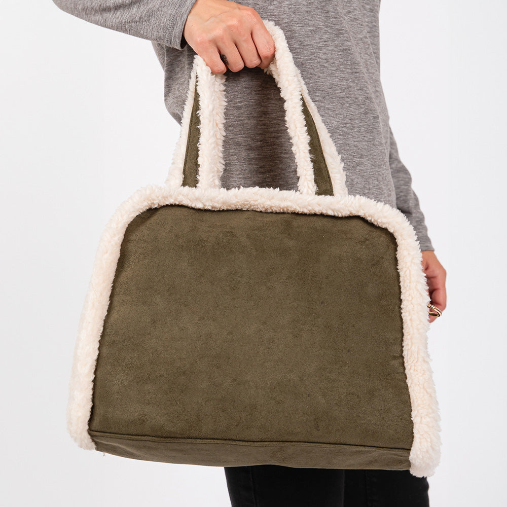 Madeline Love Olive Green Fleece Trimmed Solid Tote / Crossbody Bag With Adjustable Strap - Bags & Wallets - extra