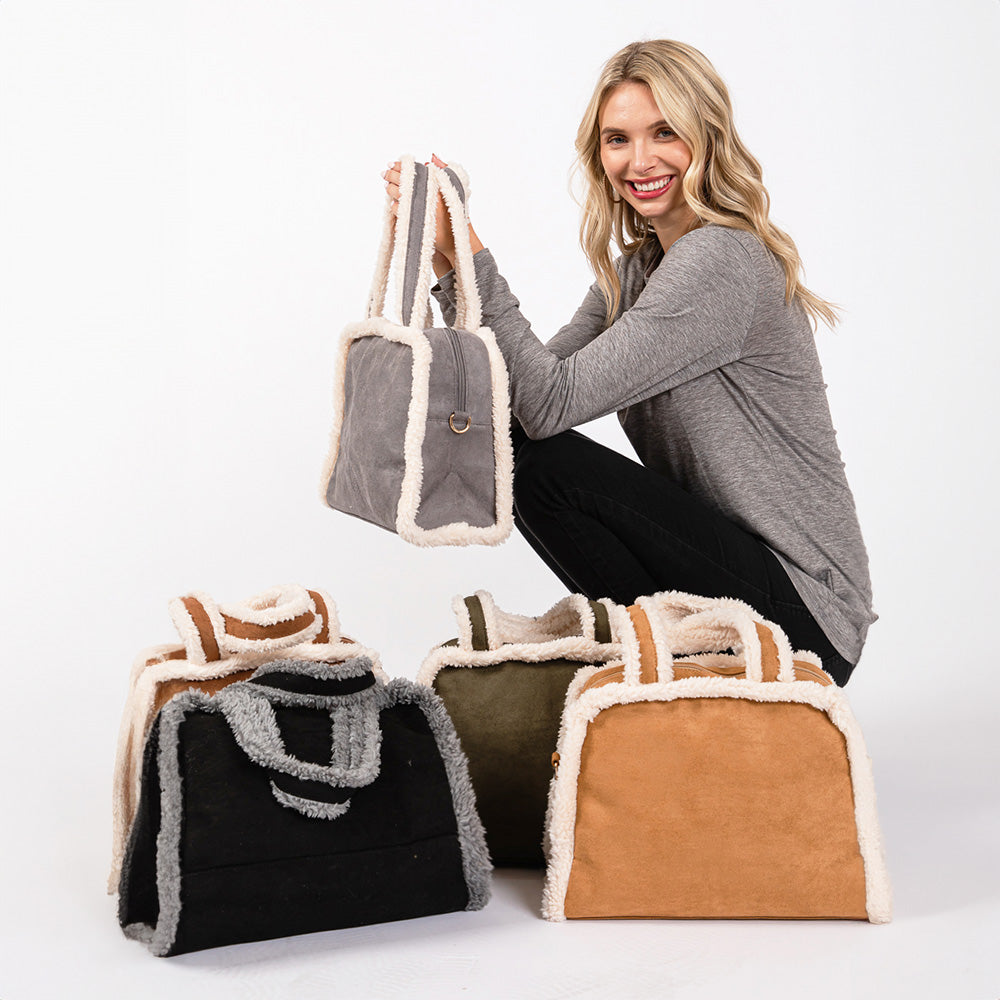 Madeline Love Olive Green Fleece Trimmed Solid Tote / Crossbody Bag With Adjustable Strap - Bags & Wallets - extra