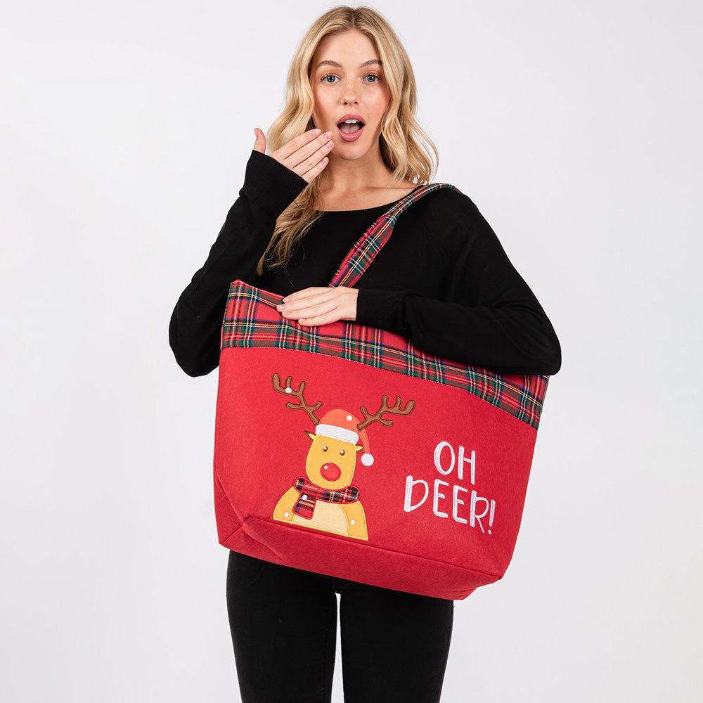 Madeline Love Red Oh Deer Letter Reindeer Christmas Tote Bag - Bags & Wallets - desc