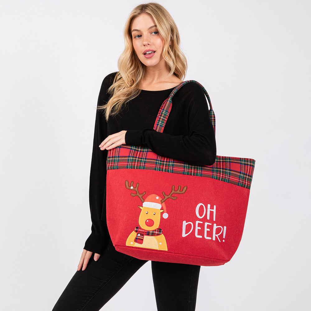 Madeline Love Red Oh Deer Letter Reindeer Christmas Tote Bag - Bags & Wallets