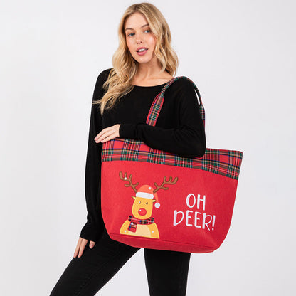 Madeline Love Red Oh Deer Letter Reindeer Christmas Tote Bag - Bags & Wallets