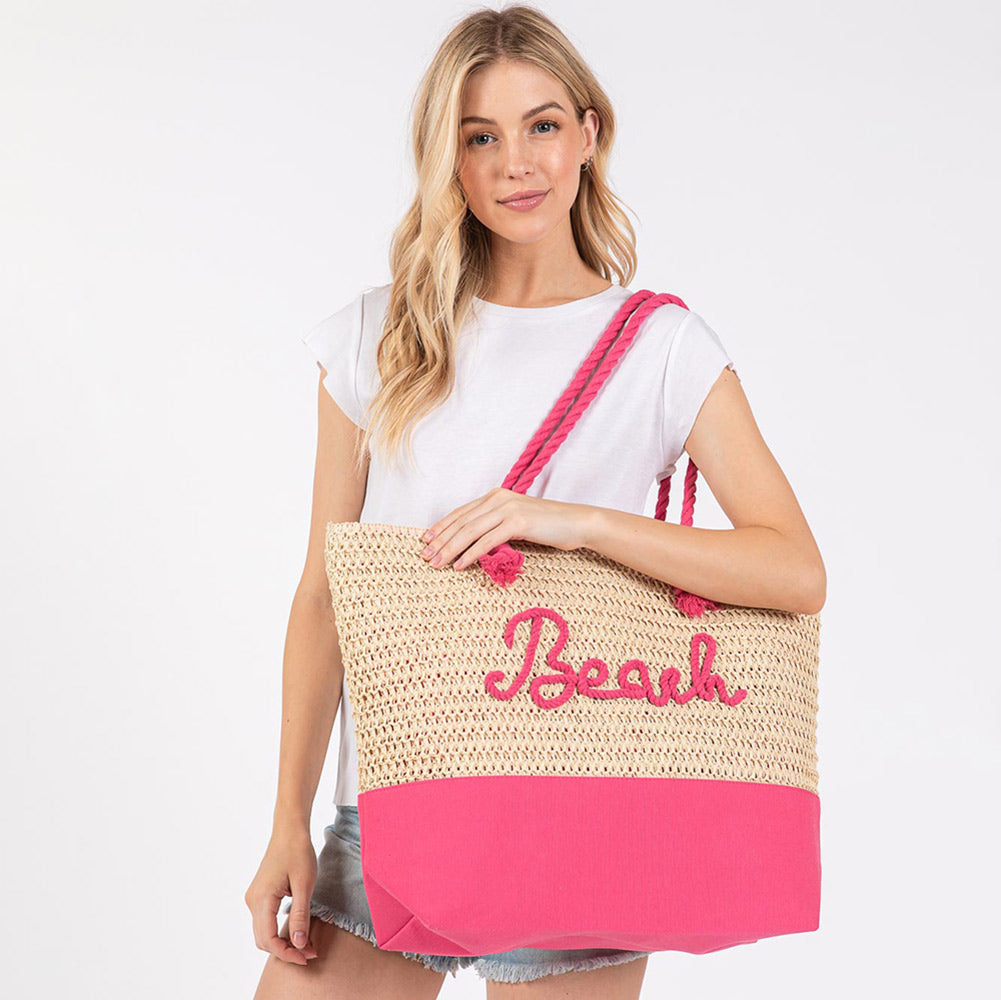 Madeline Love Pink BEACH Message Embroidered Rope Handle Crochet Fabric Tote Beach Bag - Bags & Wallets