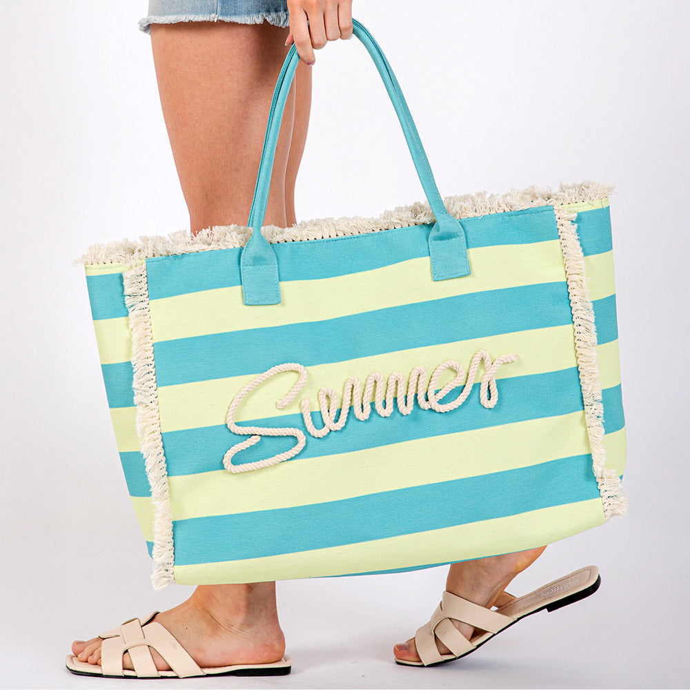 Madeline Love Blue, Lime SUMMER Message Embroidered Fringe Striped Tote Beach Bag - Bags & Wallets - extra