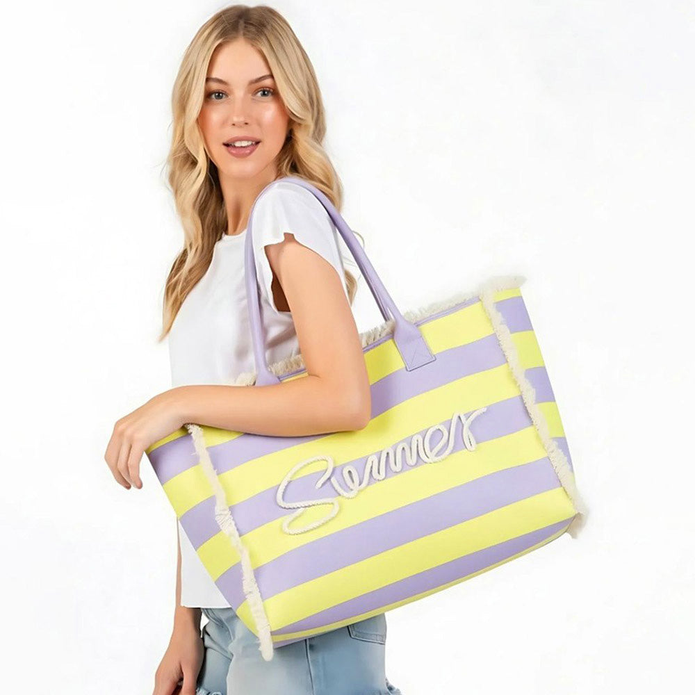 Madeline Love Lavender, Yellow SUMMER Message Embroidered Fringe Striped Tote Beach Bag - Bags & Wallets