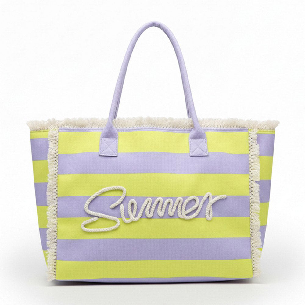 Madeline Love Lavender, Yellow SUMMER Message Embroidered Fringe Striped Tote Beach Bag - Bags & Wallets - extra