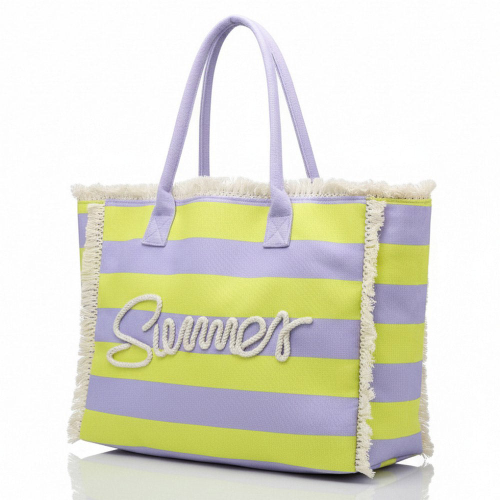 Madeline Love Lavender, Yellow SUMMER Message Embroidered Fringe Striped Tote Beach Bag - Bags & Wallets - extra