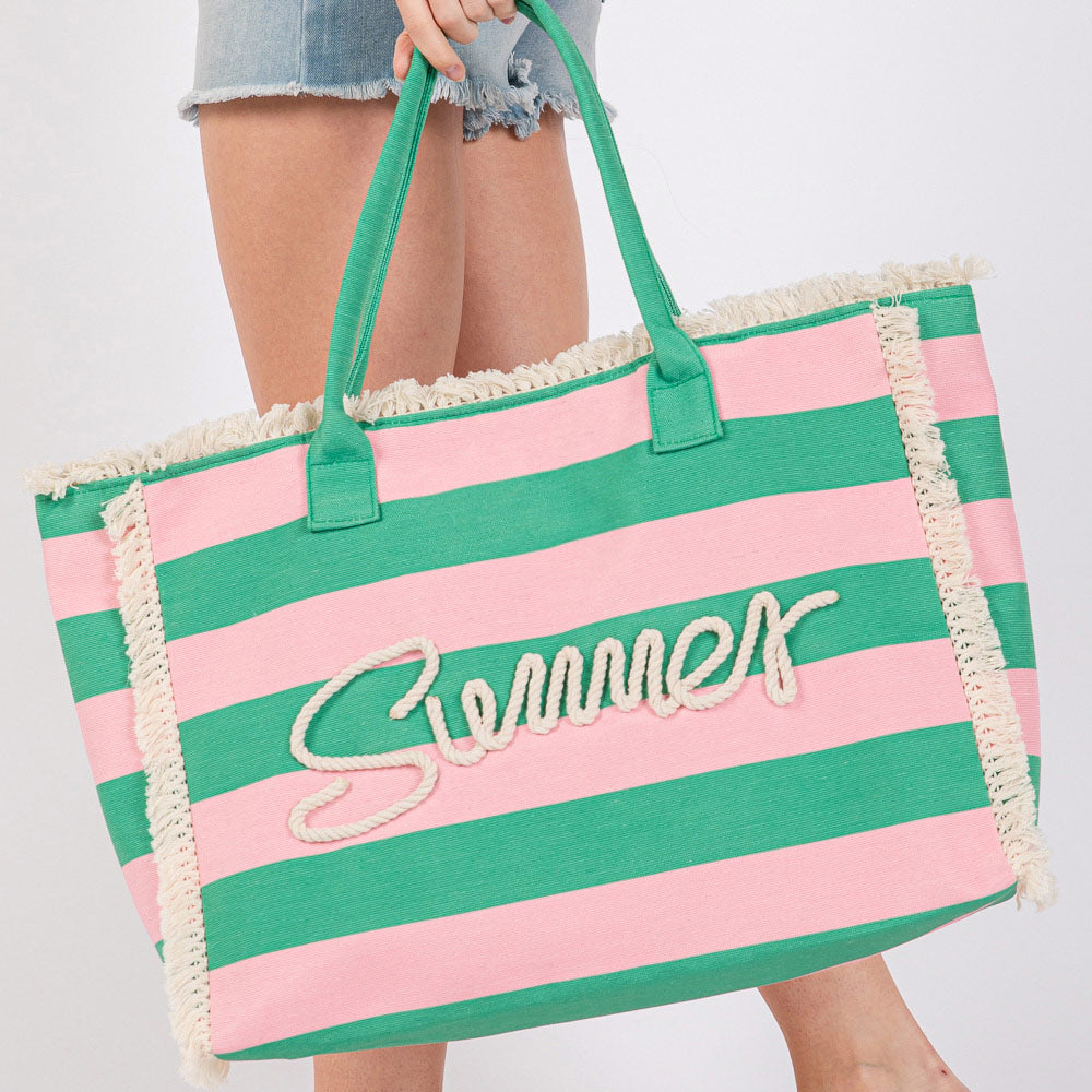 Madeline Love Pink&Green SUMMER Message Embroidered Fringe Striped Tote Beach Bag - Bags & Wallets - extra