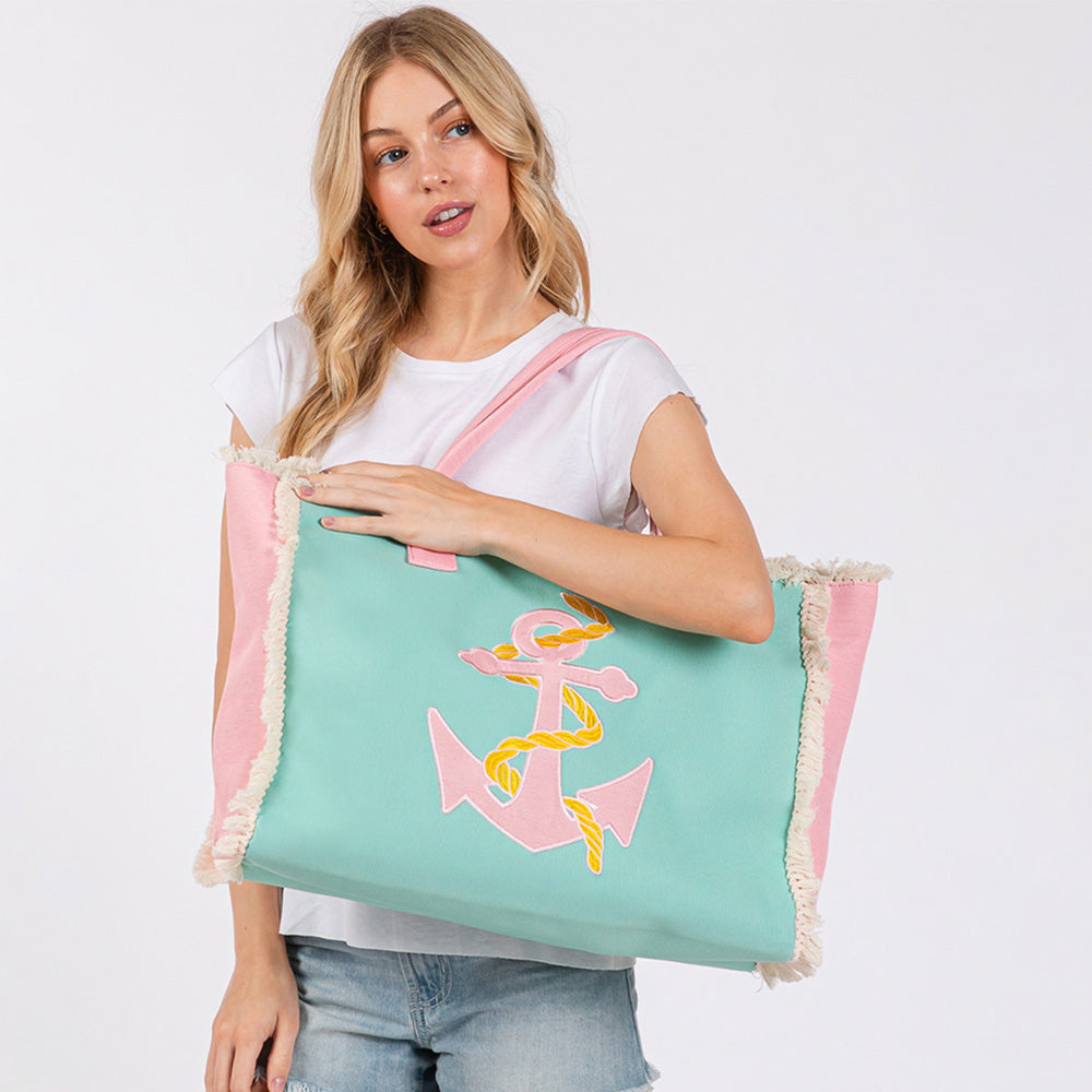 Madeline Love Mint, Pink Anchor Patch Embroidered Fringe Tote Bag / Beach Bag - Bags & Wallets