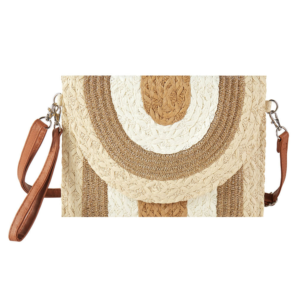 Madeline Love Beige Metallic Lined Multi Color Straw Clutch / Crossbody Bag - Bags & Wallets - desc