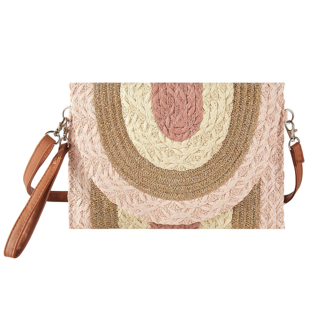 Madeline Love Pink Metallic Lined Multi Color Straw Clutch / Crossbody Bag - Bags & Wallets - desc