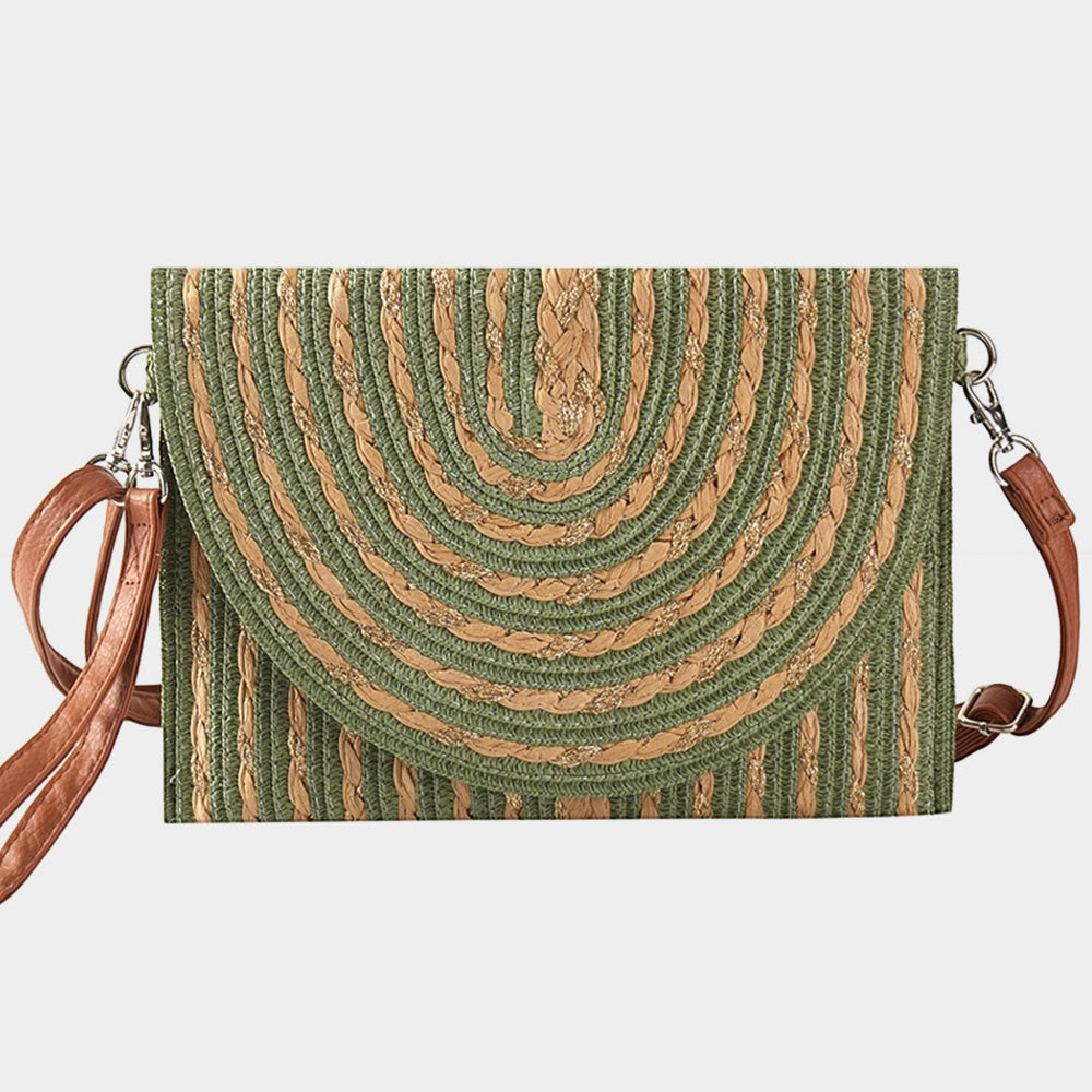 Madeline Love Olive Green Gold Threads Mixed Straw Clutch Bag / Crossbody Bag - Bags & Wallets