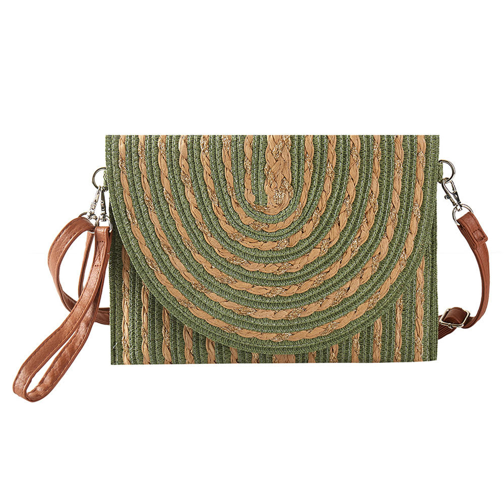 Madeline Love Olive Green Gold Threads Mixed Straw Clutch Bag / Crossbody Bag - Bags & Wallets - desc