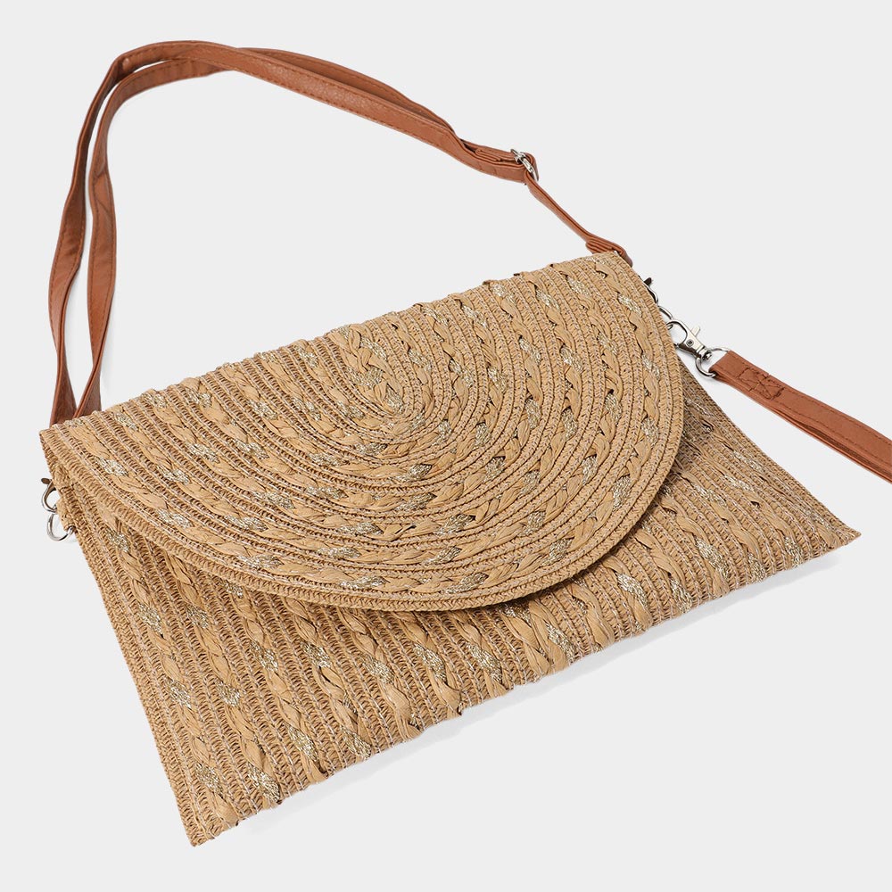 Madeline Love Olive Green Gold Threads Mixed Straw Clutch Bag / Crossbody Bag - Bags & Wallets - extra