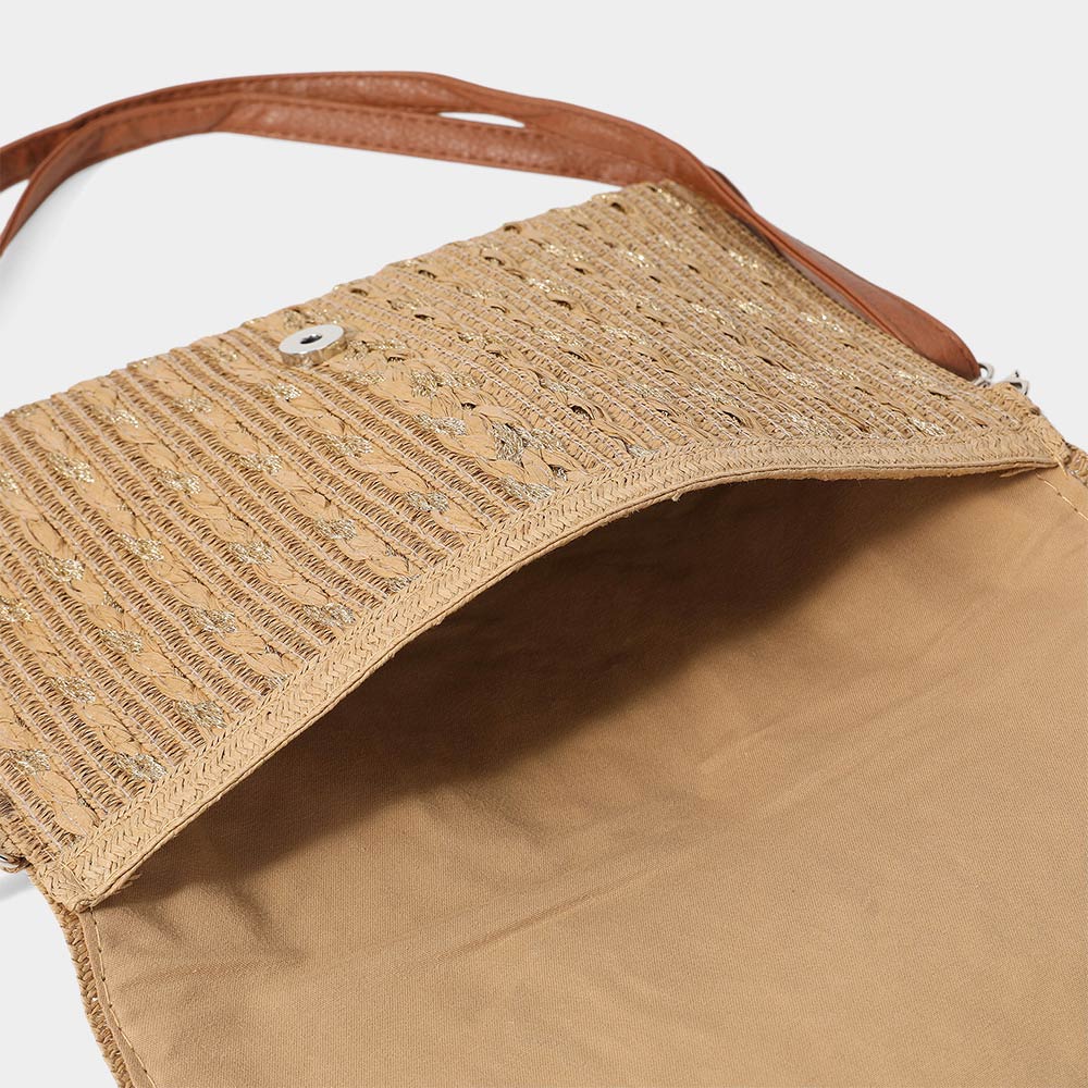 Madeline Love Olive Green Gold Threads Mixed Straw Clutch Bag / Crossbody Bag - Bags & Wallets - extra