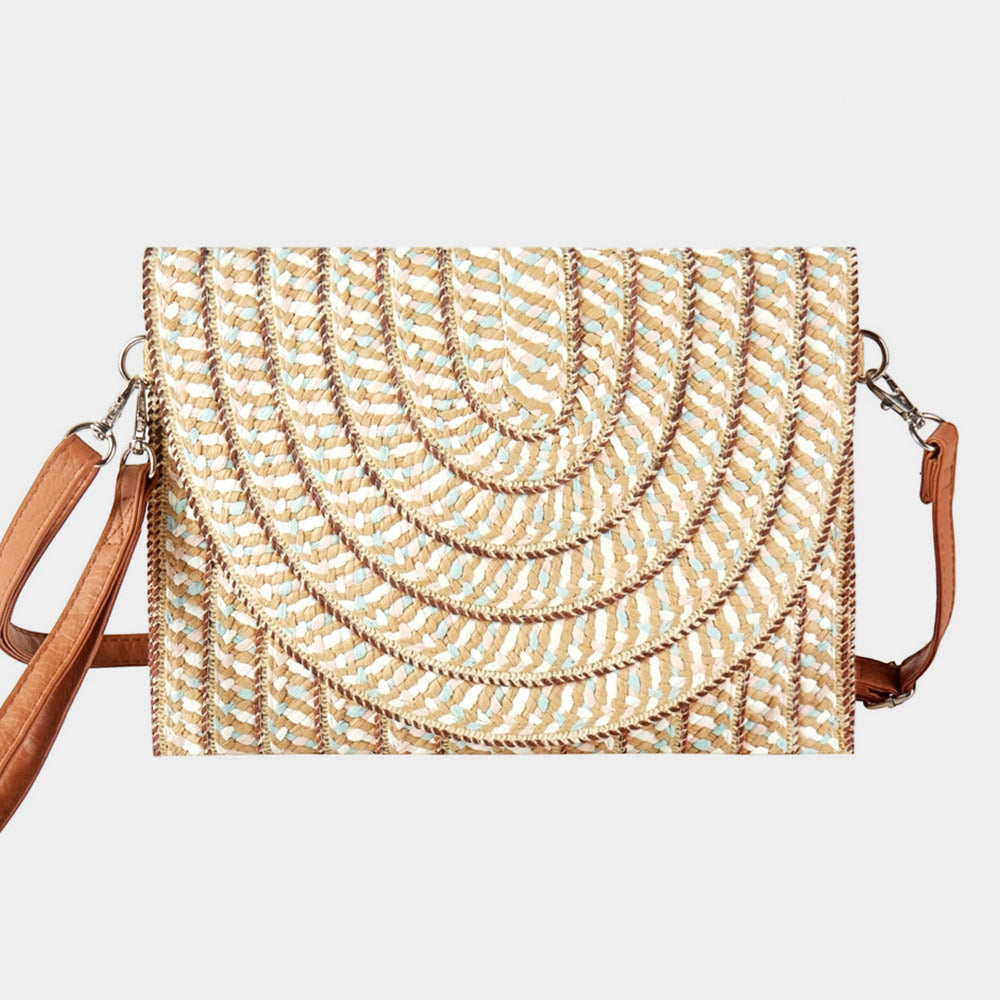 Madeline Love Taupe Multi Color Straw Clutch Bag / Crossbody Bag - Bags & Wallets